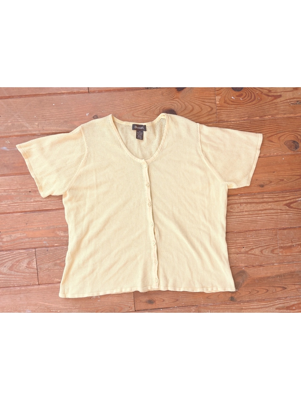 Denim & Co. Textured Knit Button Front Short Sleeve Sweater Butter Yellow 1X